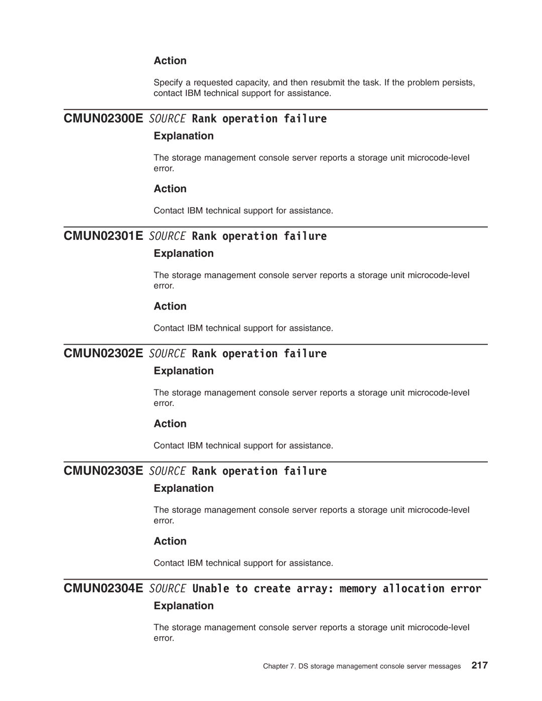 IBM DS8000 manual CMUN02300E Source Rank operation failure, CMUN02301E Source Rank operation failure 