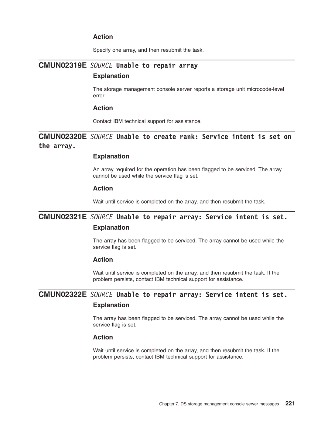 IBM DS8000 manual CMUN02319E Source Unable to repair array 