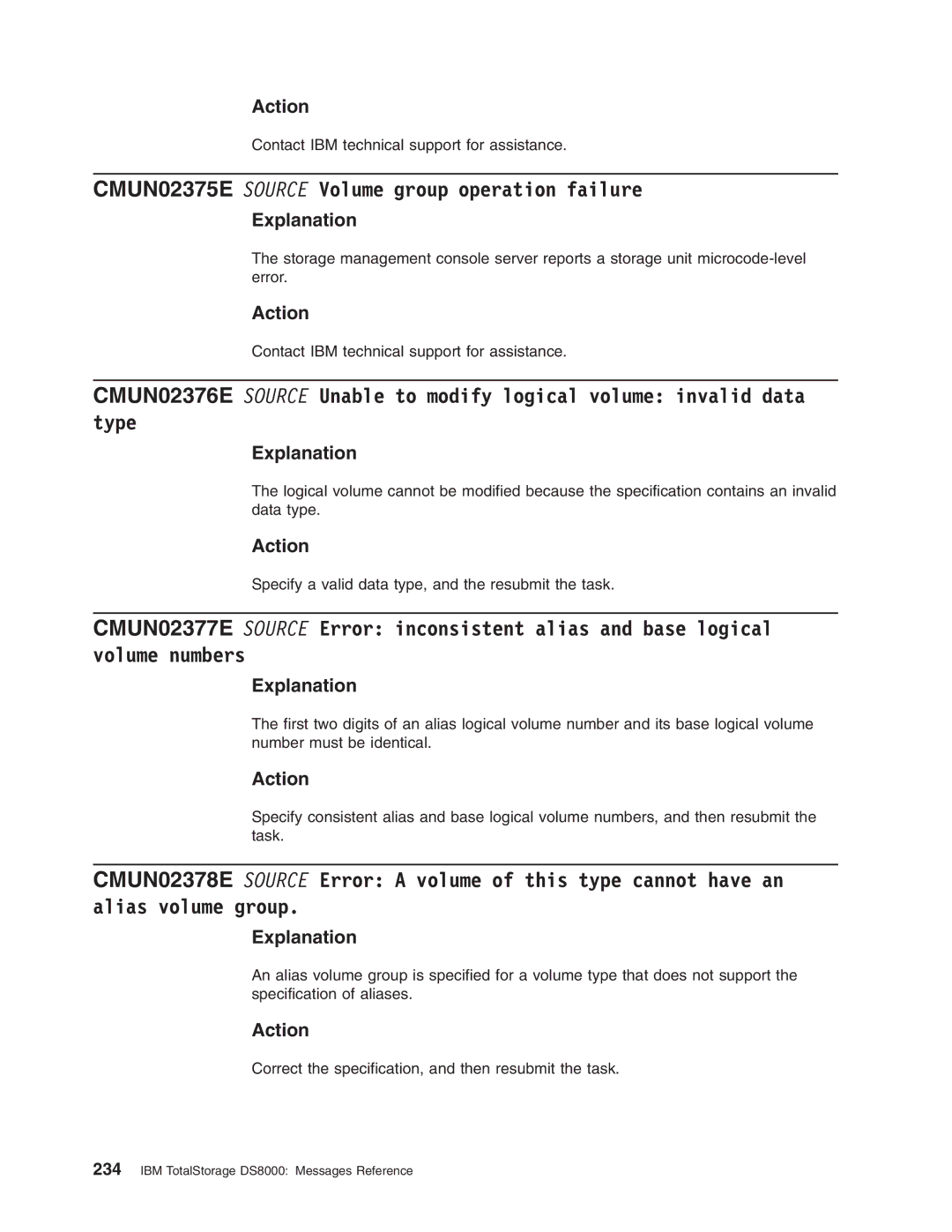 IBM DS8000 manual CMUN02375E Source Volume group operation failure 