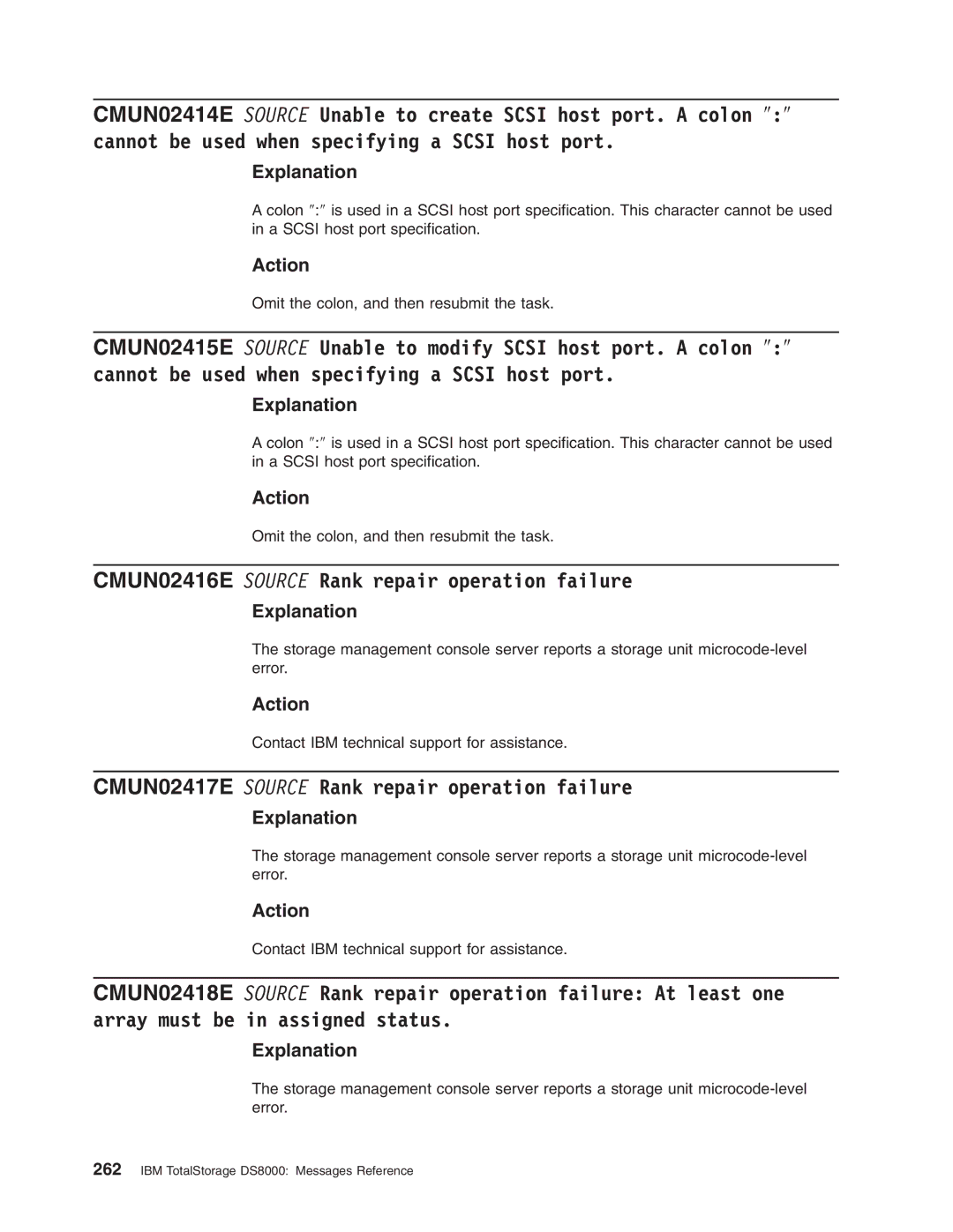 IBM DS8000 manual CMUN02416E Source Rank repair operation failure, CMUN02417E Source Rank repair operation failure 