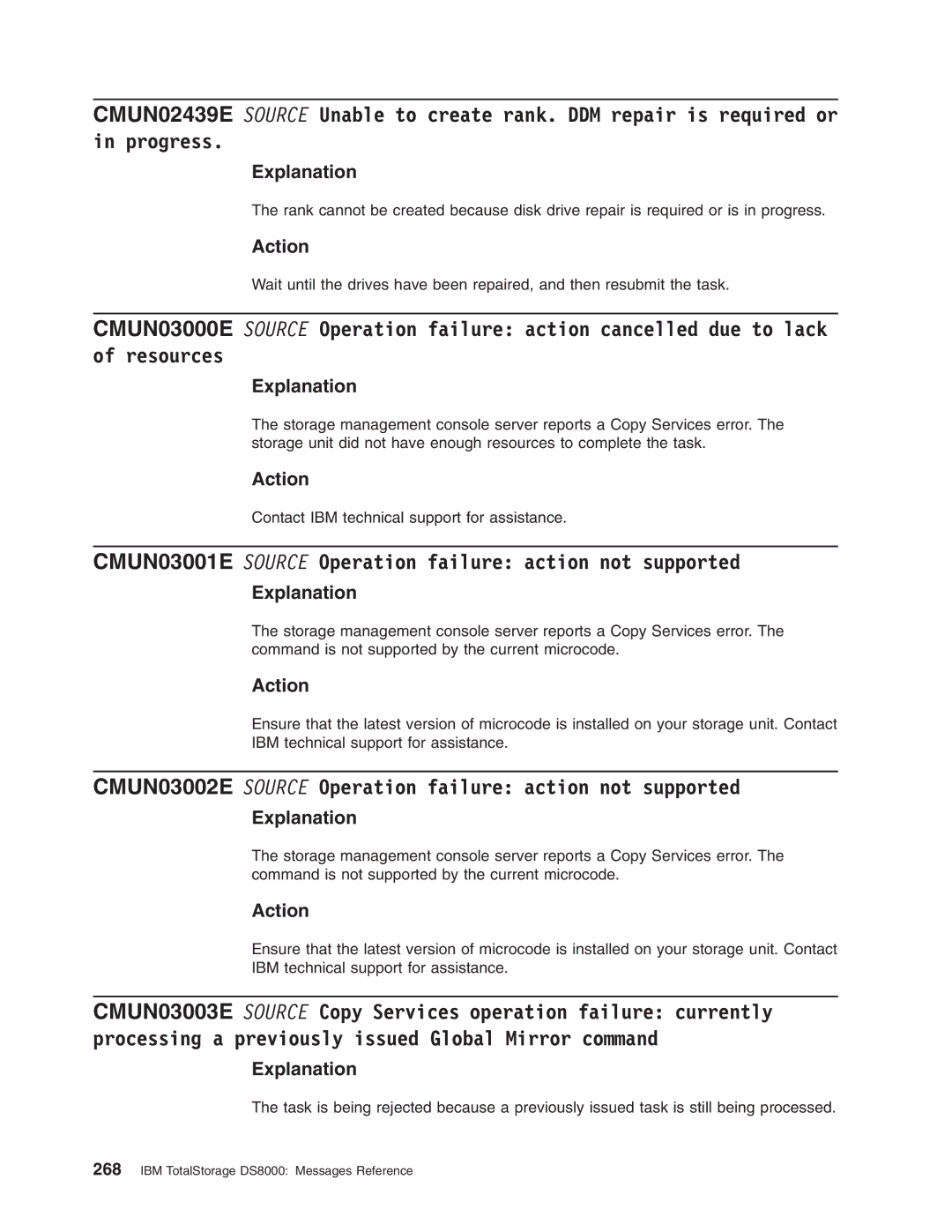 IBM DS8000 manual CMUN03001E Source Operation failure action not supported 