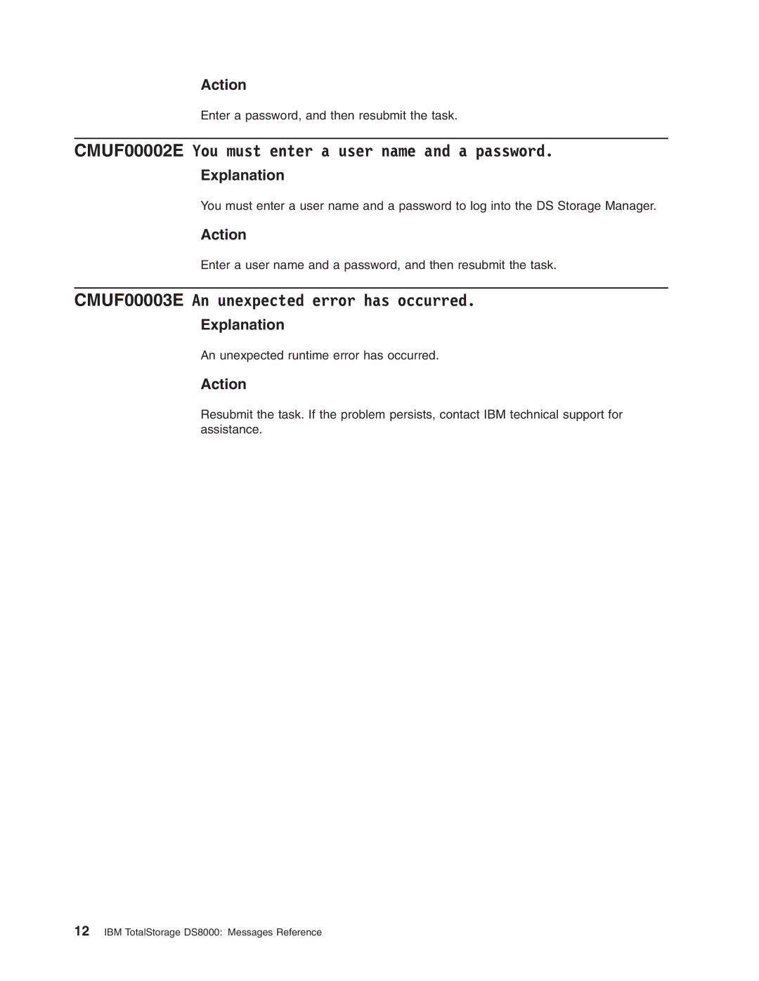 IBM DS8000 manual CMUF00002E You must enter a user name and a password, CMUF00003E An unexpected error has occurred 