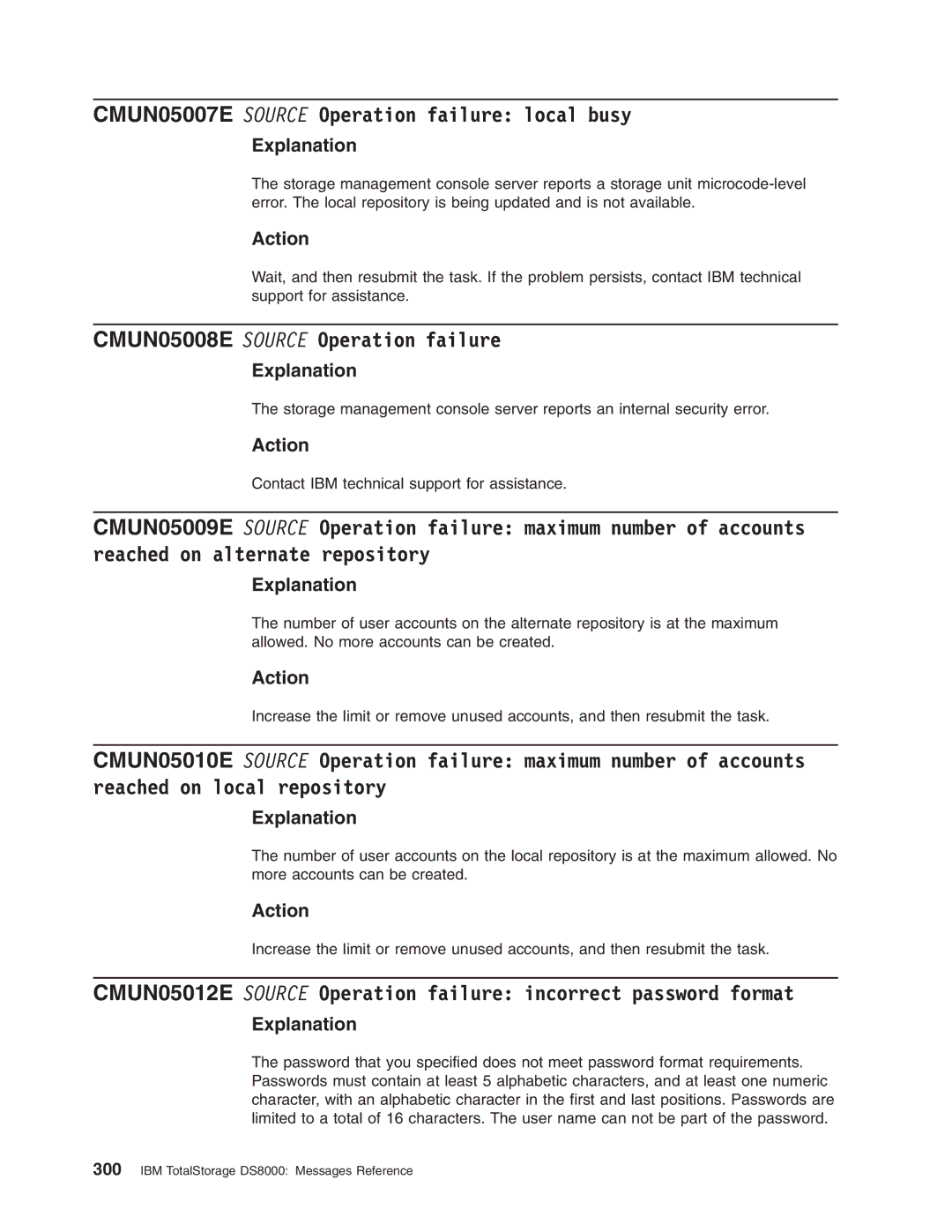 IBM DS8000 manual CMUN05007E Source Operation failure local busy, CMUN05008E Source Operation failure 