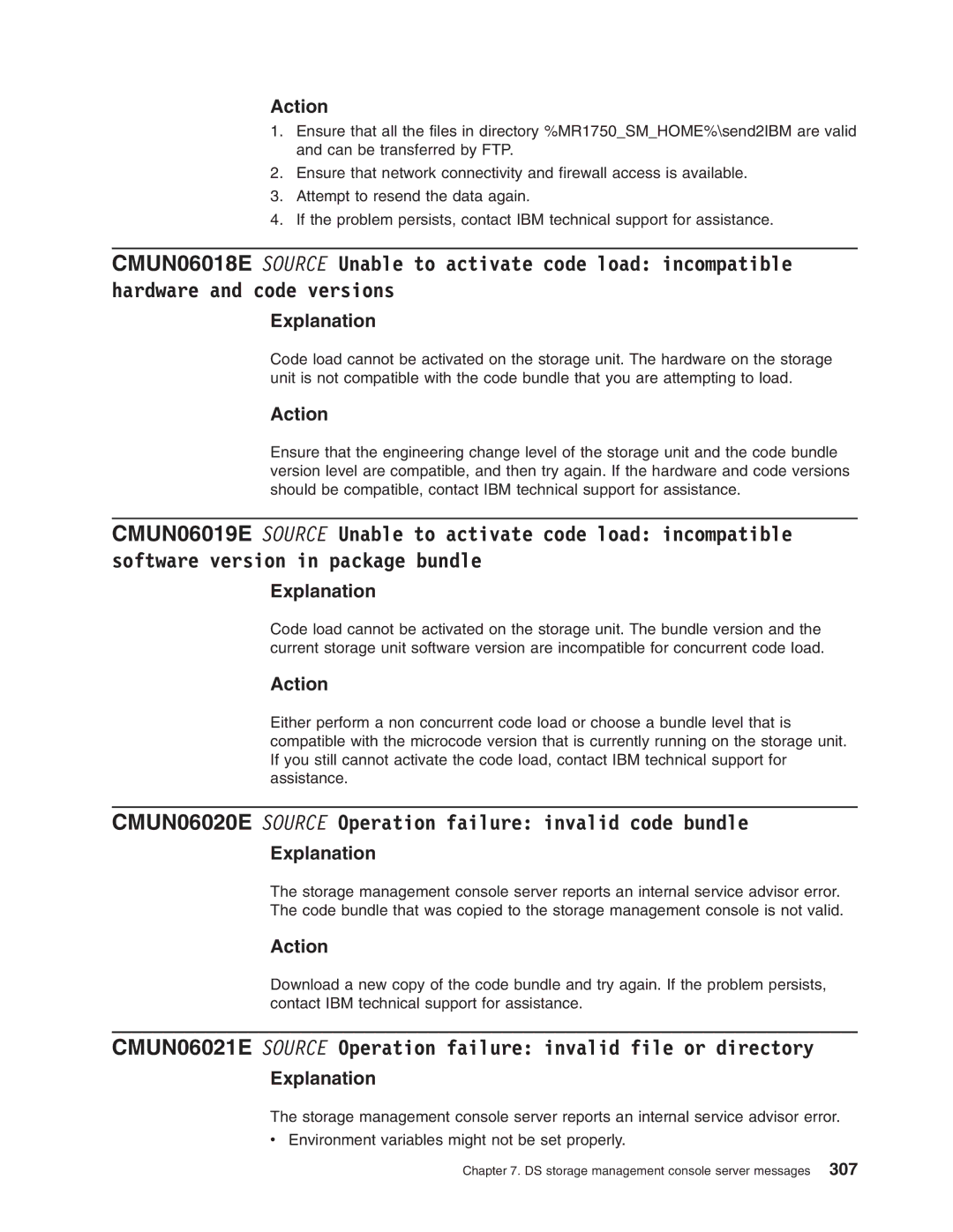 IBM DS8000 manual CMUN06020E Source Operation failure invalid code bundle 