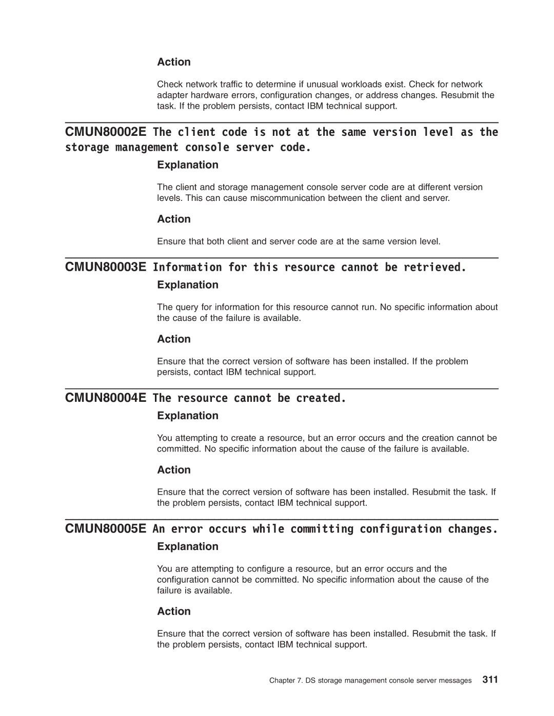 IBM DS8000 manual CMUN80003E Information for this resource cannot be retrieved, CMUN80004E The resource cannot be created 