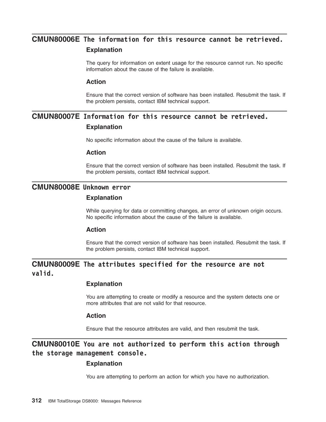 IBM DS8000 manual CMUN80007E Information for this resource cannot be retrieved, CMUN80008E Unknown error 