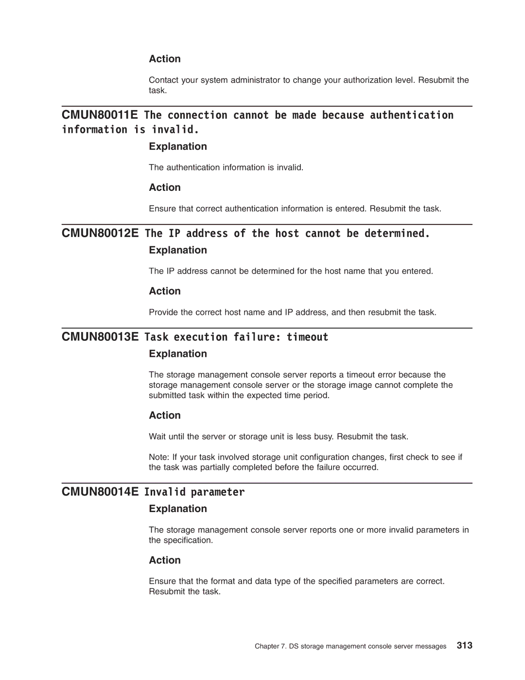 IBM DS8000 manual CMUN80012E The IP address of the host cannot be determined, CMUN80013E Task execution failure timeout 