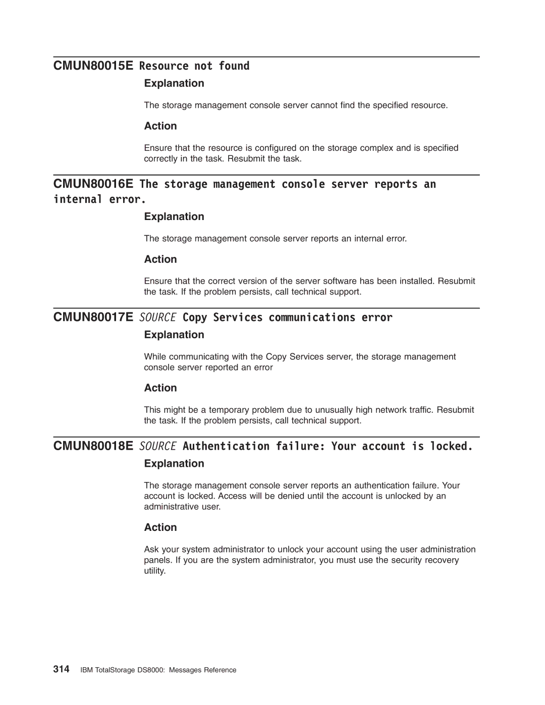 IBM DS8000 manual CMUN80015E Resource not found, CMUN80017E Source Copy Services communications error 