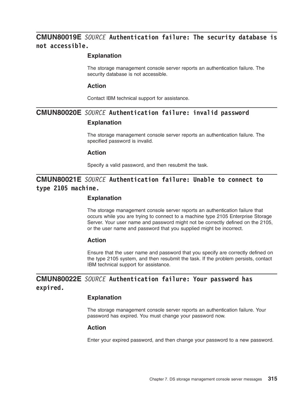 IBM DS8000 manual CMUN80020E Source Authentication failure invalid password 