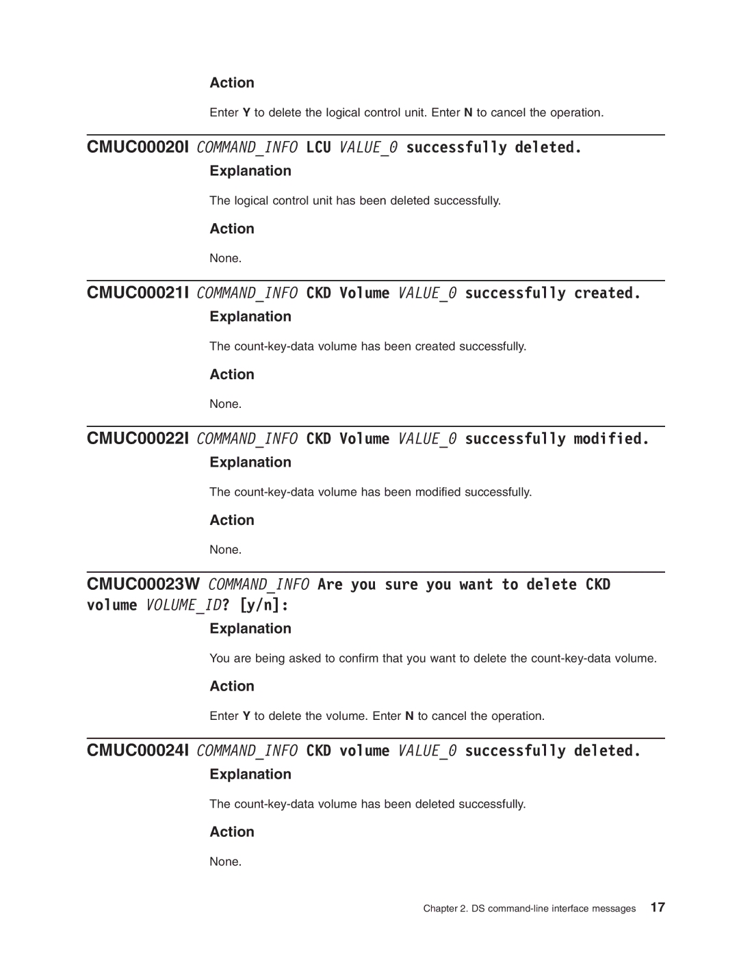 IBM DS8000 manual CMUC00020I Commandinfo LCU VALUE0 successfully deleted 