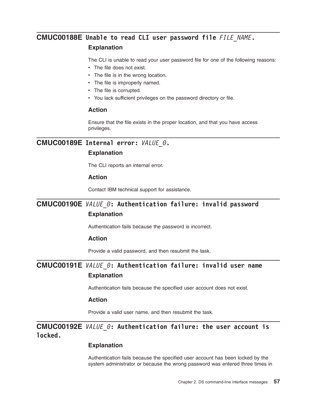 IBM DS8000 manual CMUC00188E Unable to read CLI user password file Filename, CMUC00189E Internal error VALUE0 