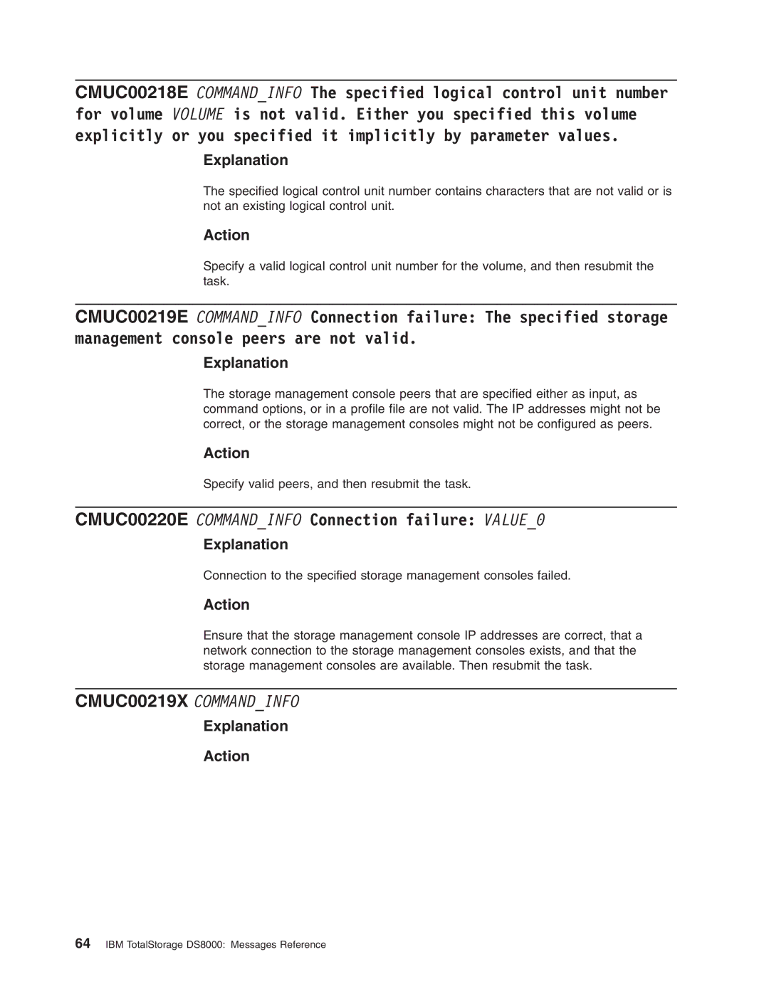 IBM DS8000 manual CMUC00220E Commandinfo Connection failure VALUE0 