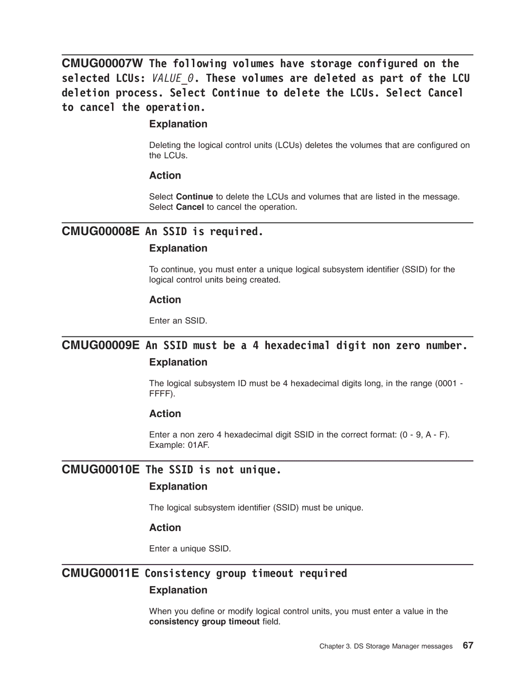 IBM DS8000 manual CMUG00008E An Ssid is required, CMUG00010E The Ssid is not unique 