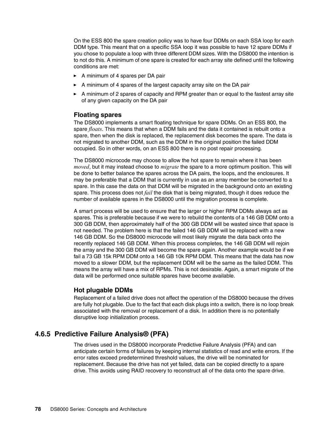 IBM DS8000 manual Predictive Failure Analysis PFA, Floating spares, Hot plugable DDMs 