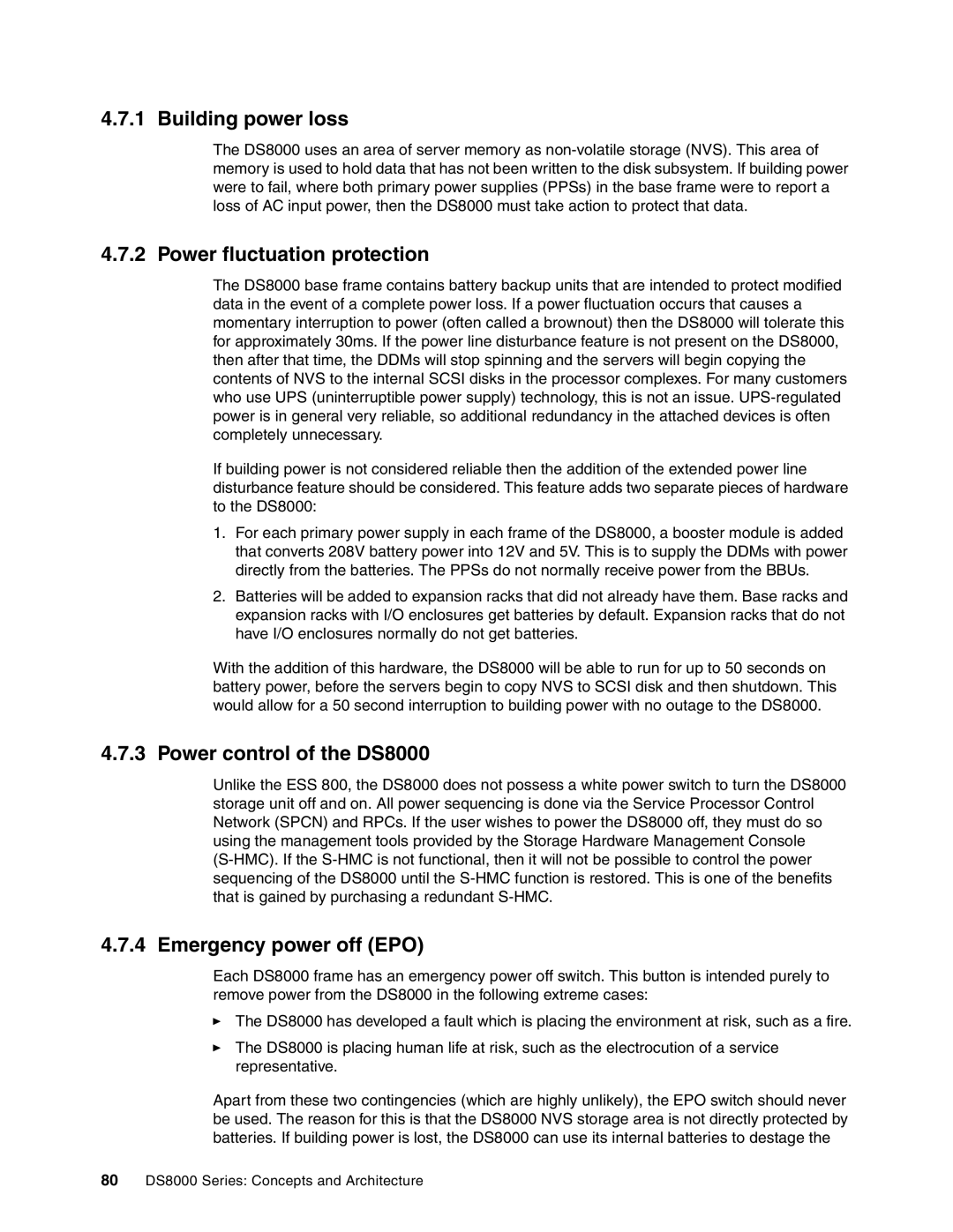 IBM manual Building power loss, Power fluctuation protection, Power control of the DS8000, Emergency power off EPO 