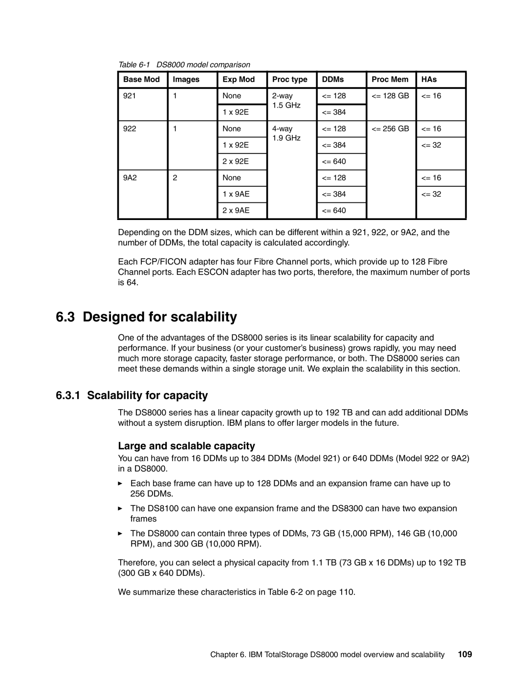 IBM manual Designed for scalability, Scalability for capacity, Large and scalable capacity, DS8000 model comparison 