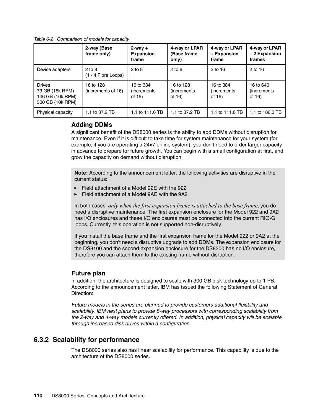 IBM DS8000 manual Scalability for performance, Adding DDMs, Future plan, Comparison of models for capacity 