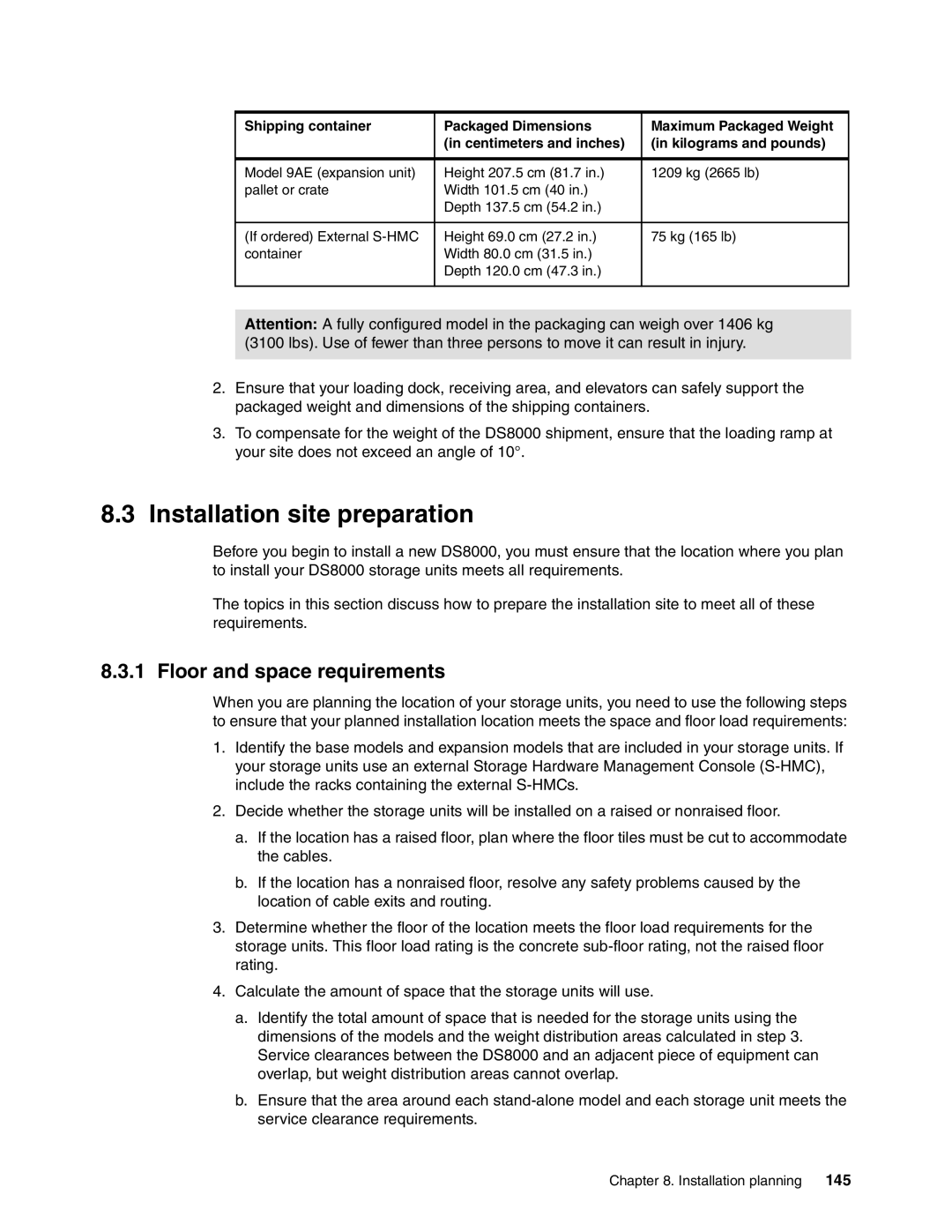 IBM DS8000 manual Installation site preparation, Floor and space requirements, 145 