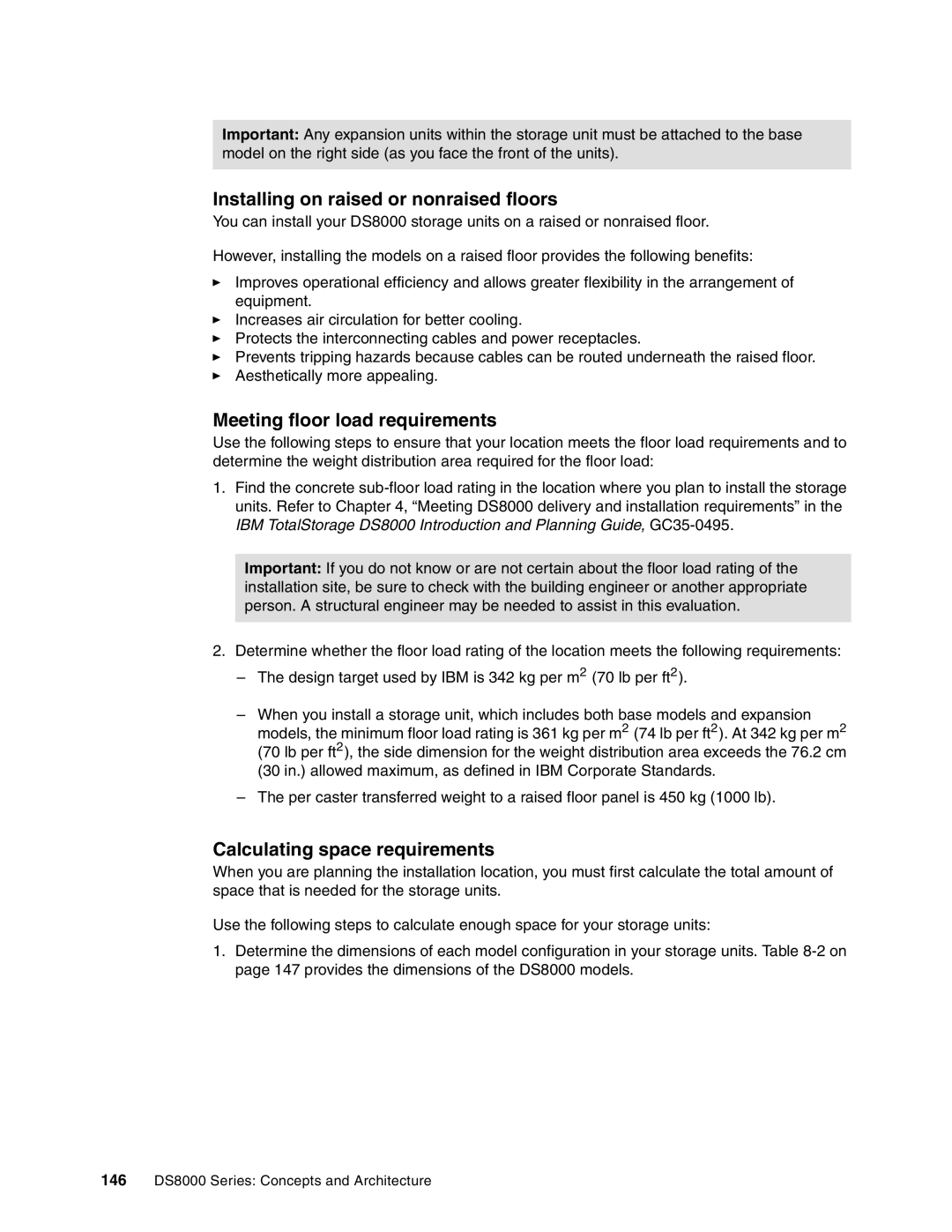 IBM DS8000 manual Installing on raised or nonraised floors, Meeting floor load requirements, Calculating space requirements 