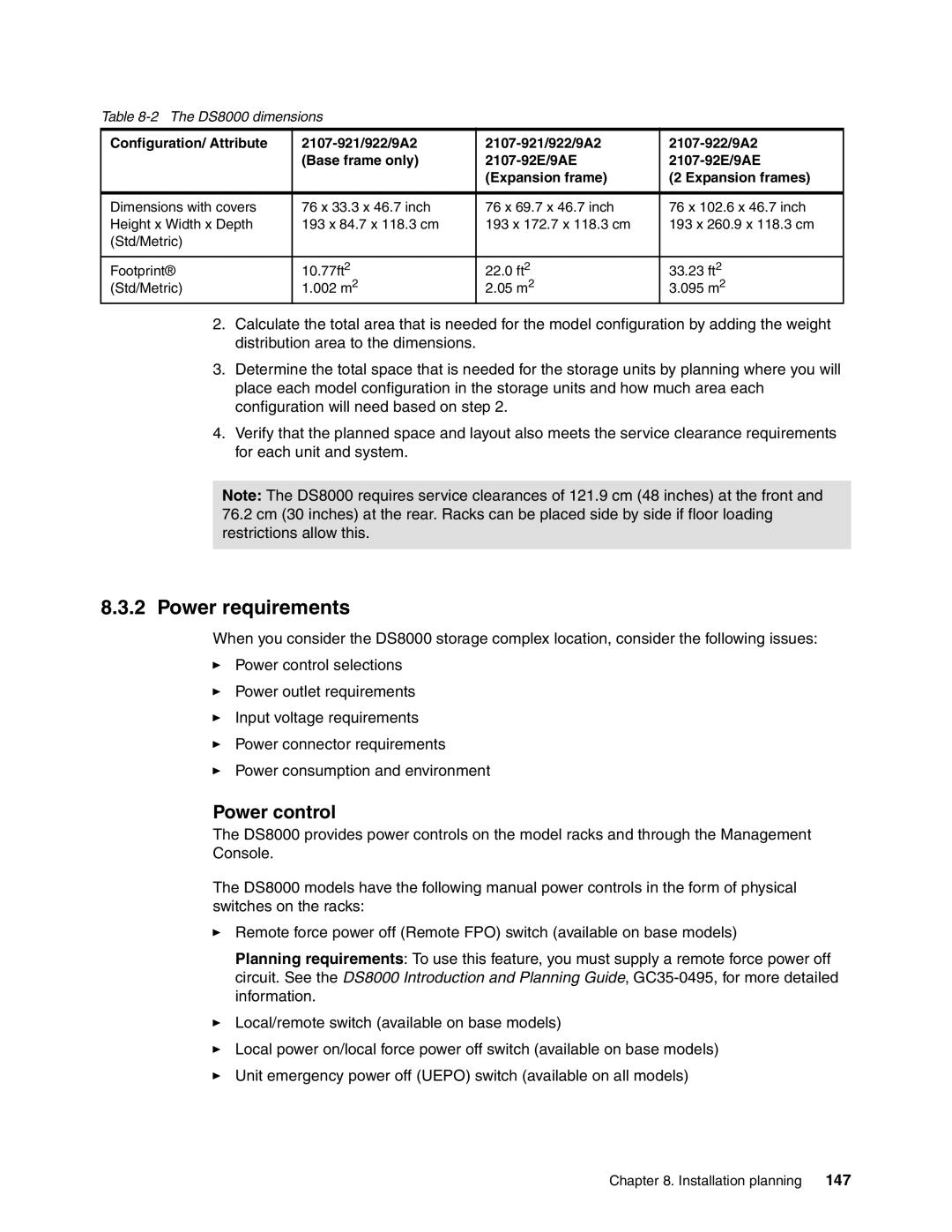 IBM manual Power requirements, Power control, 147, DS8000 dimensions 