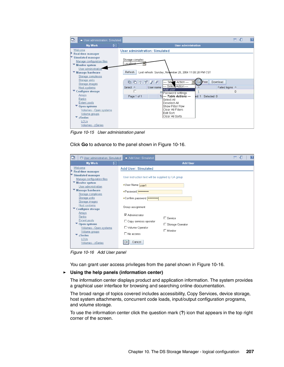 IBM DS8000 manual Using the help panels information center, User administration panel 