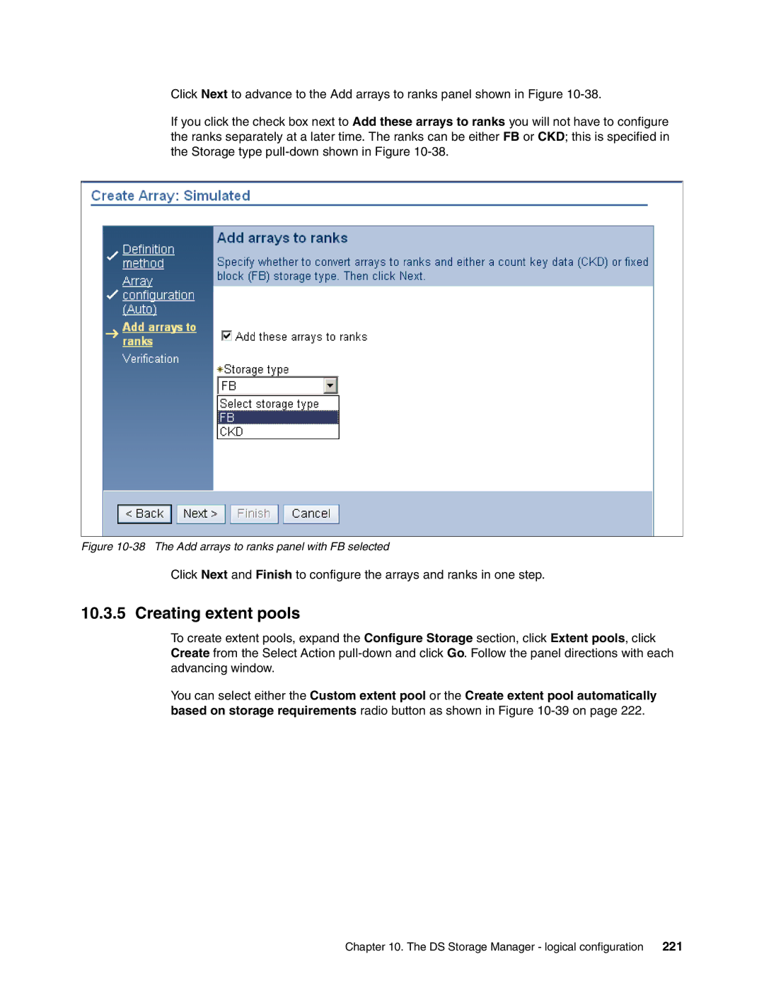 IBM DS8000 manual Creating extent pools, The Add arrays to ranks panel with FB selected 