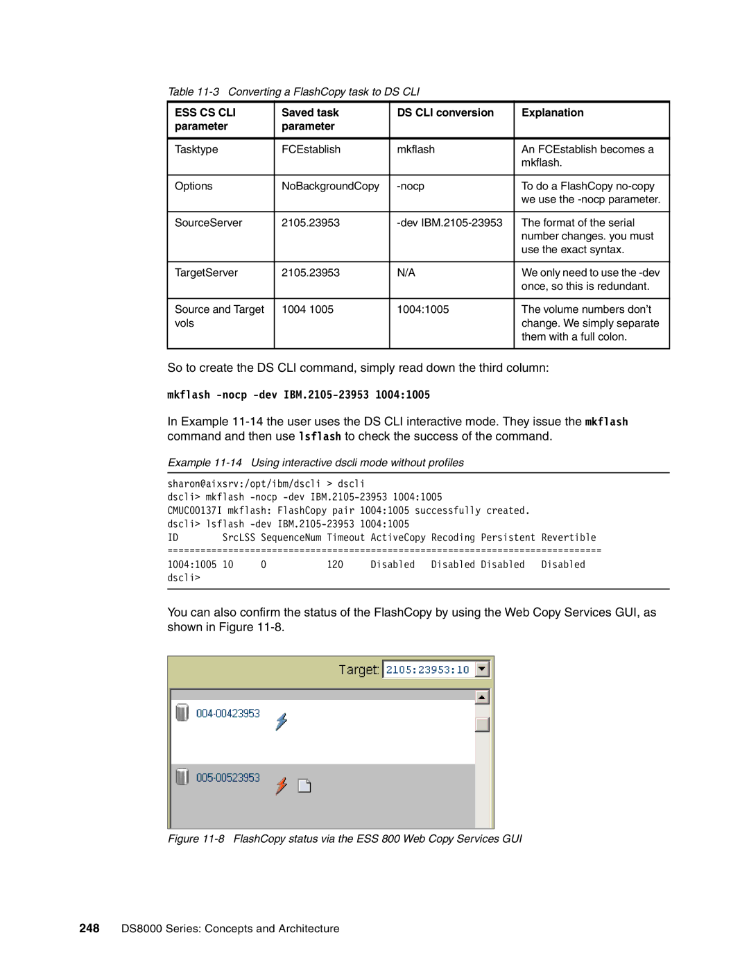 IBM DS8000 manual Converting a FlashCopy task to DS CLI, Example 11-14 Using interactive dscli mode without profiles 