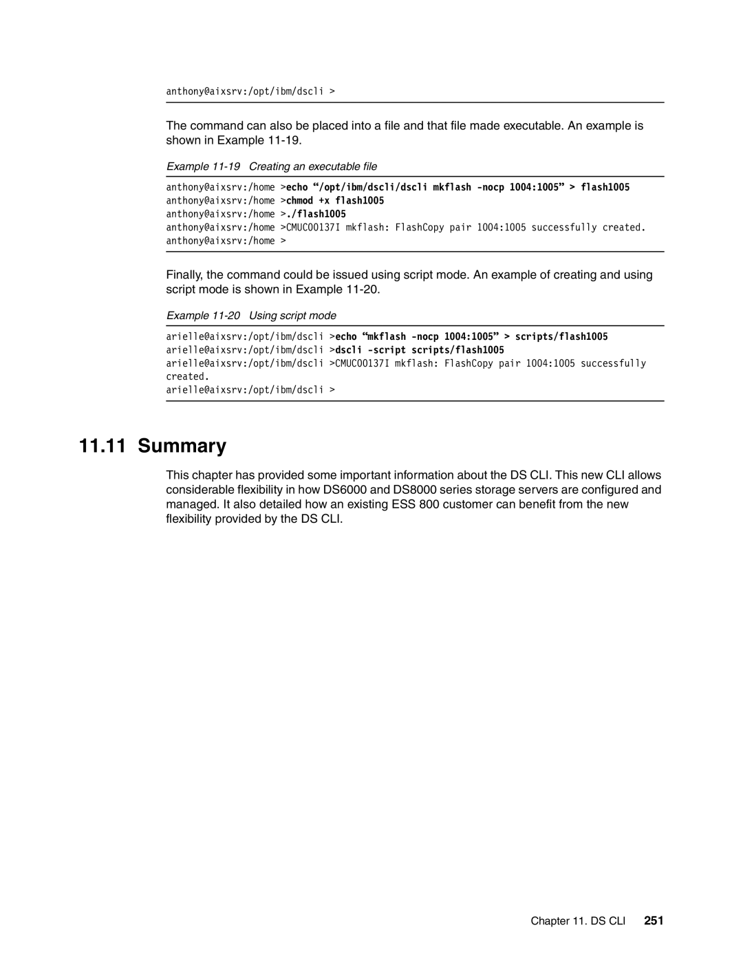 IBM DS8000 manual Example 11-19 Creating an executable file, Example 11-20 Using script mode 