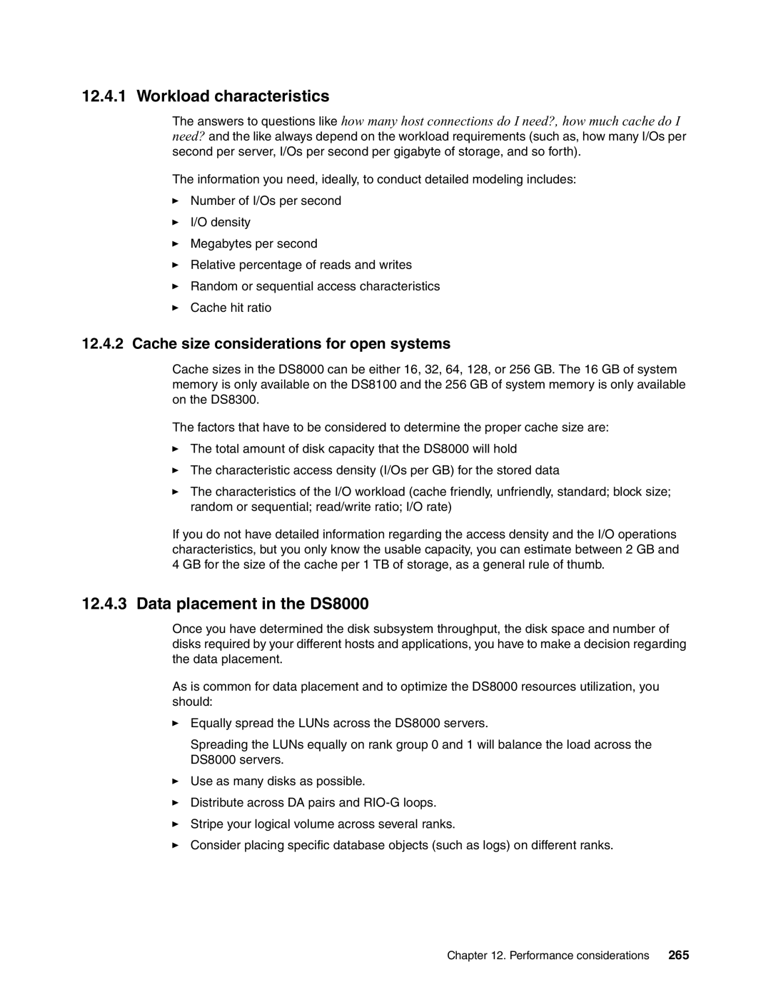 IBM manual Workload characteristics, Data placement in the DS8000, Cache size considerations for open systems, 265 