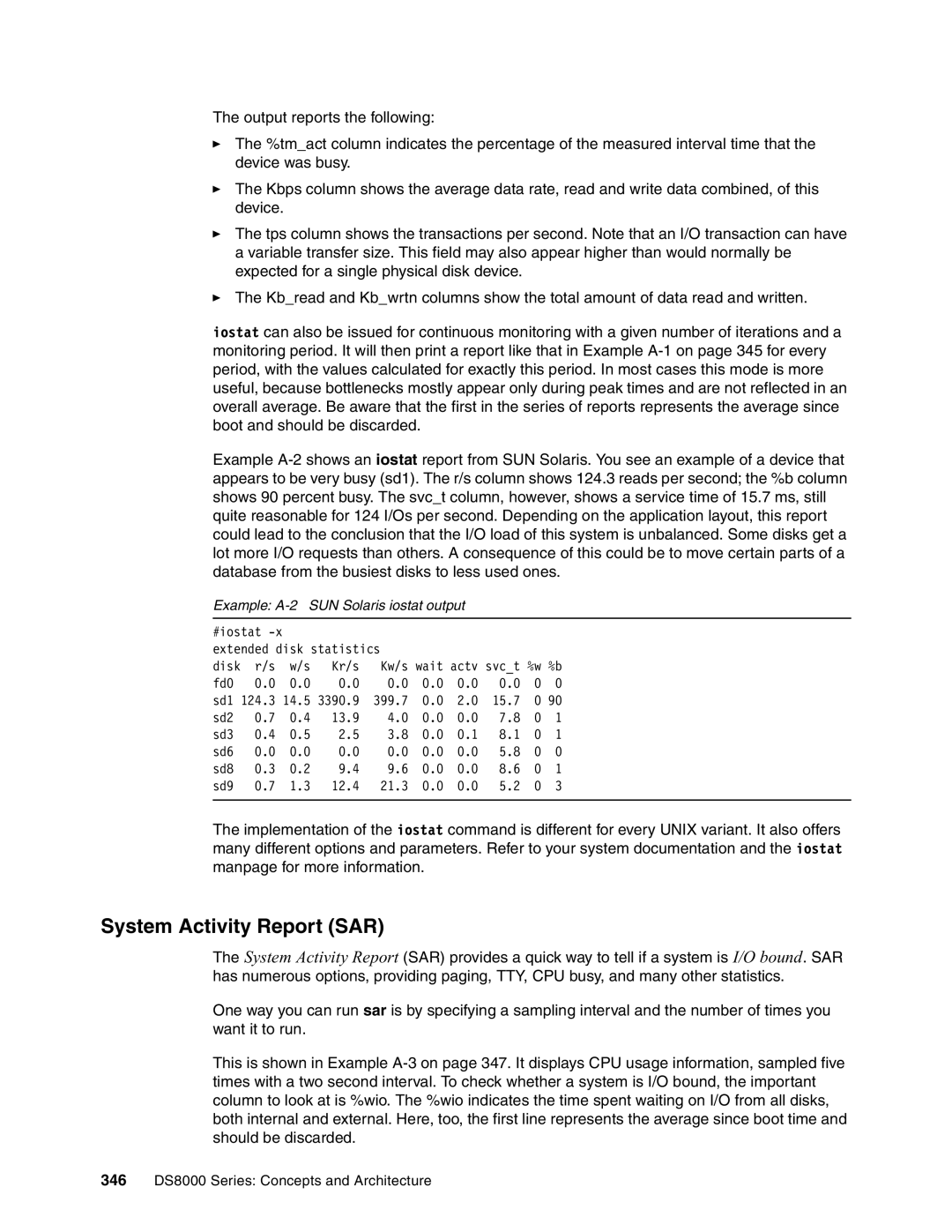 IBM DS8000 manual System Activity Report SAR, Example A-2 SUN Solaris iostat output 