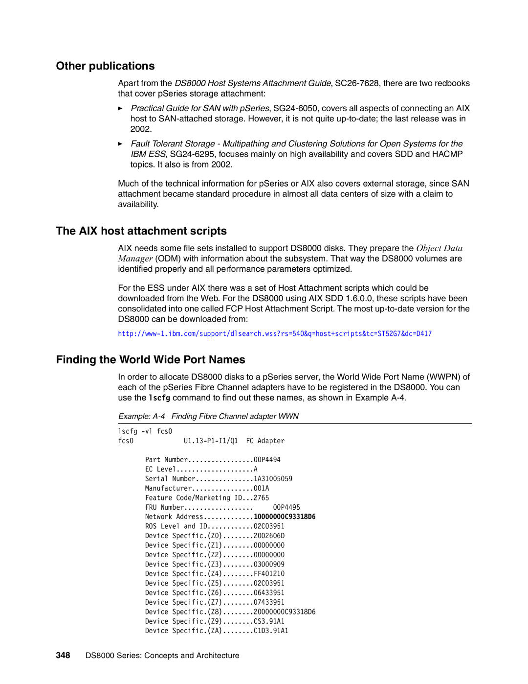 IBM DS8000 manual Other publications, AIX host attachment scripts, Finding the World Wide Port Names 