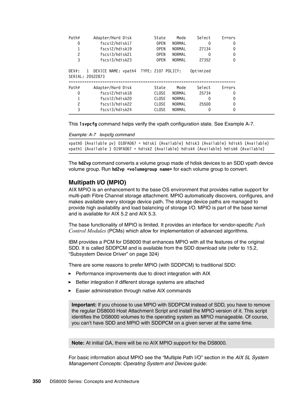 IBM DS8000 manual Multipath I/O Mpio, Example A-7 lsvpcfg command 