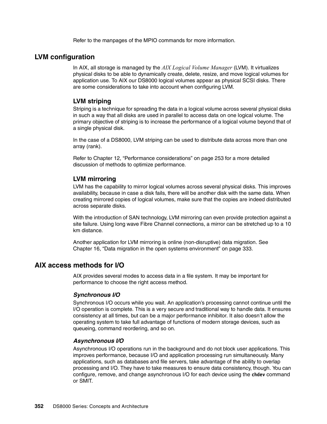 IBM DS8000 manual LVM configuration, AIX access methods for I/O, LVM striping, LVM mirroring 