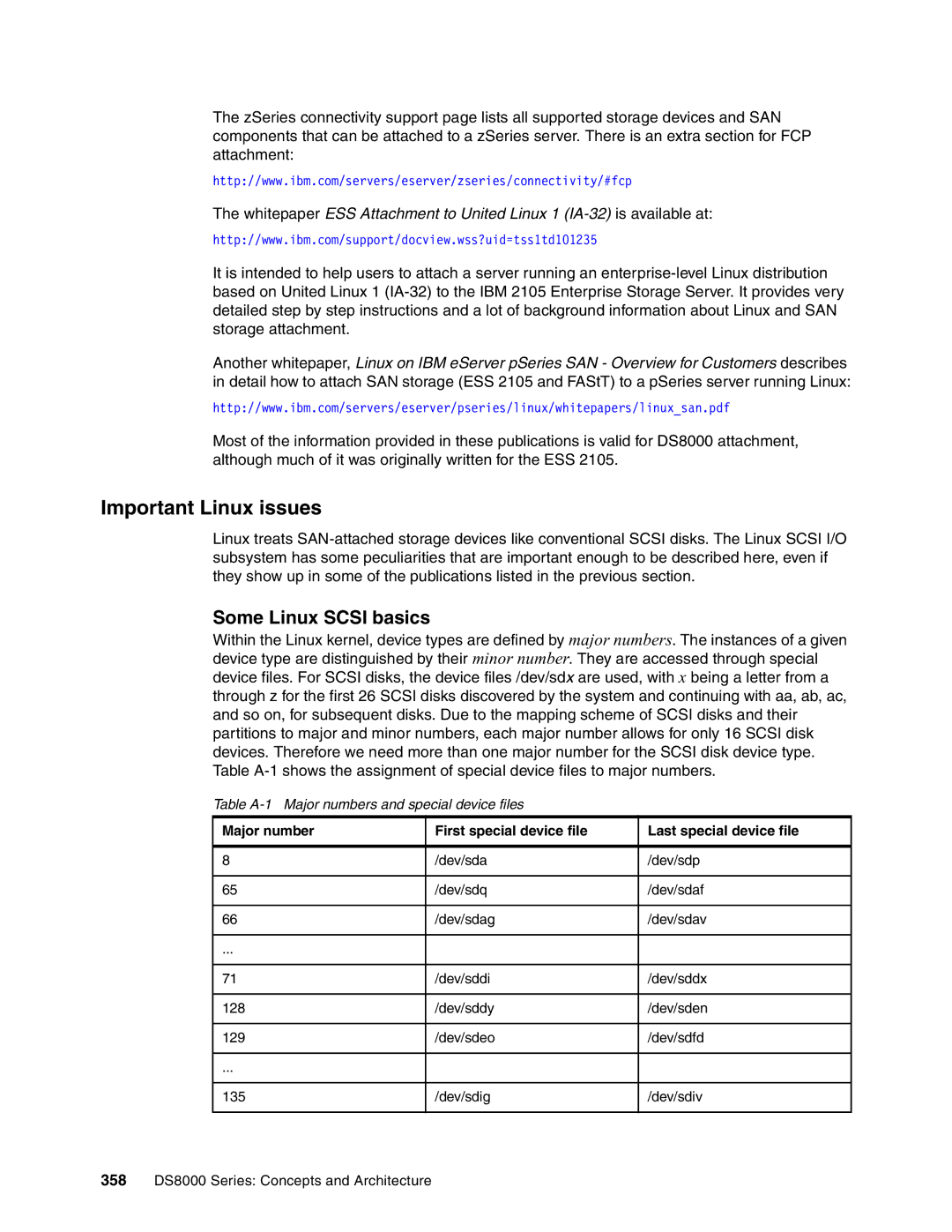 IBM DS8000 manual Important Linux issues, Some Linux Scsi basics, Table A-1 Major numbers and special device files 