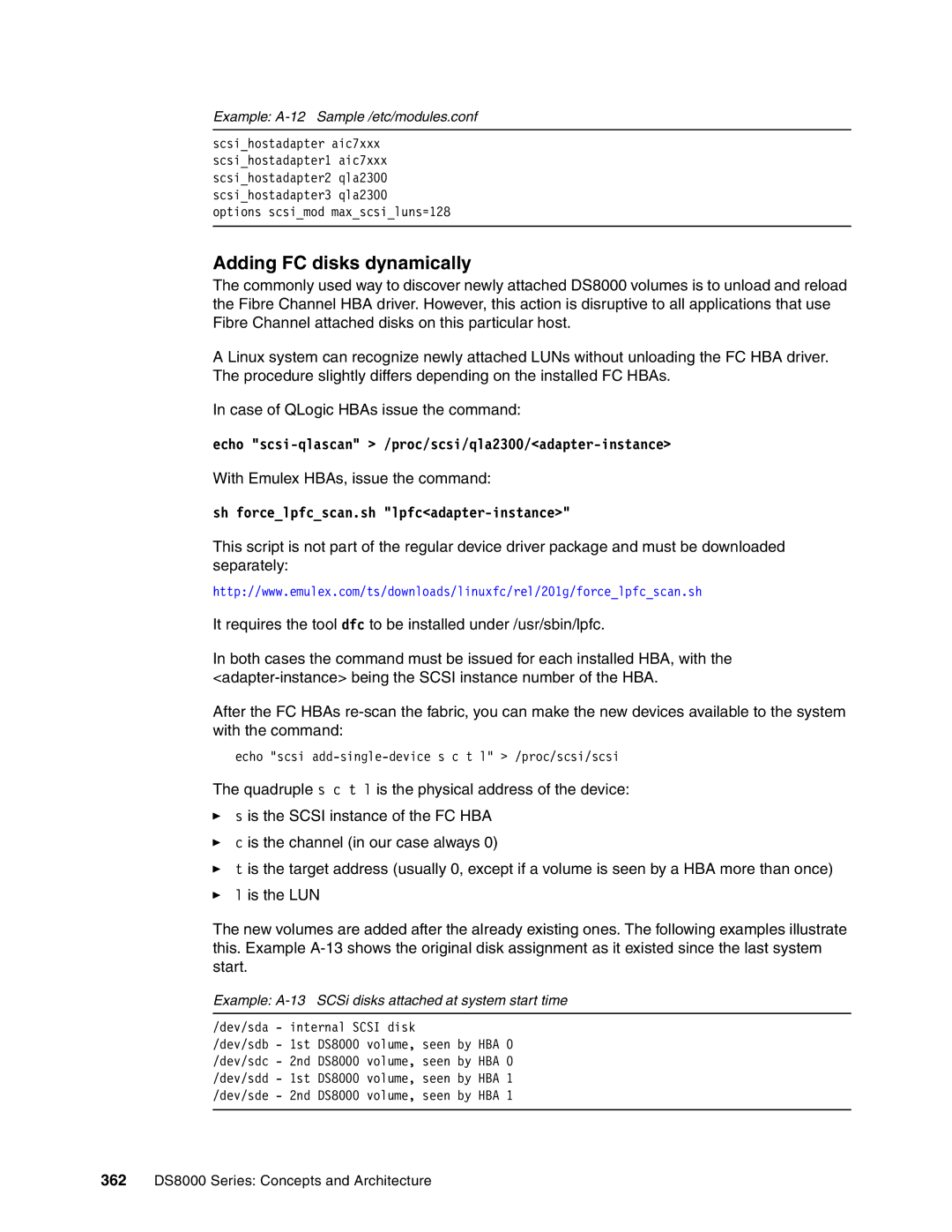 IBM DS8000 manual Adding FC disks dynamically, Example A-12 Sample /etc/modules.conf 