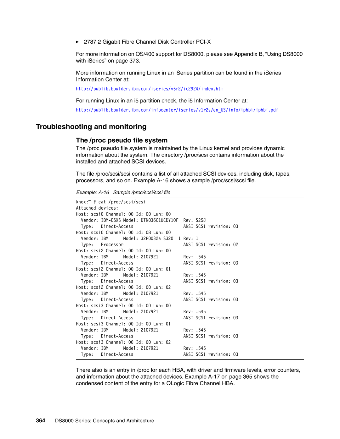 IBM DS8000 manual Troubleshooting and monitoring, proc pseudo file system, Example A-16 Sample /proc/scsi/scsi file 