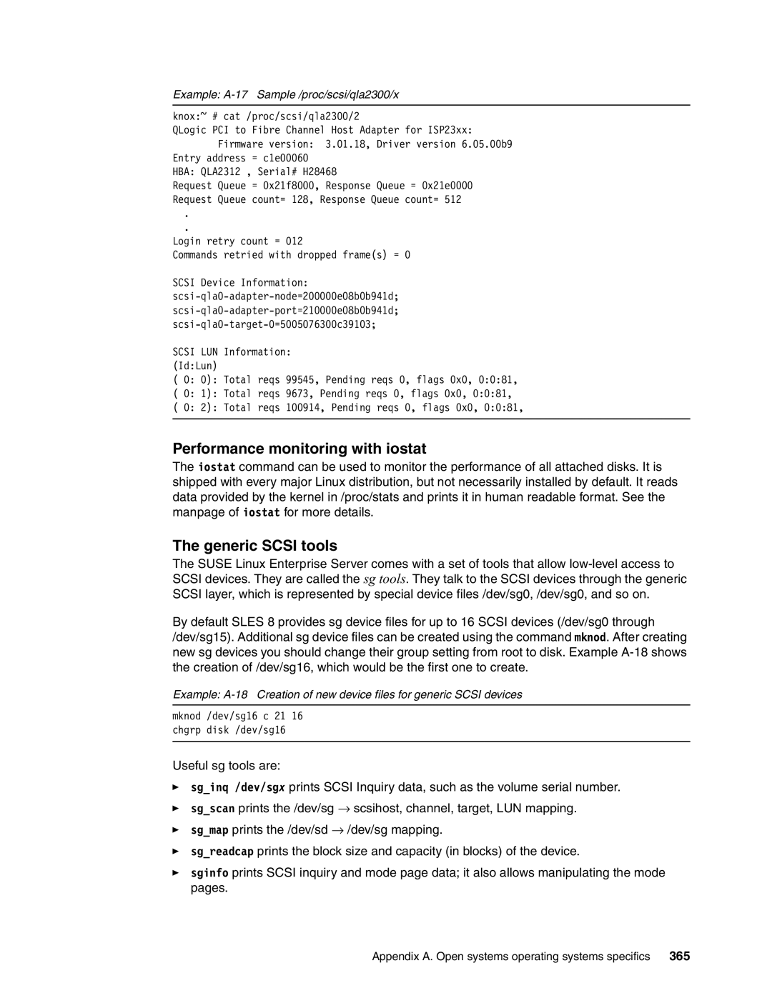 IBM DS8000 manual Performance monitoring with iostat, Generic Scsi tools, Example A-17 Sample /proc/scsi/qla2300/x 