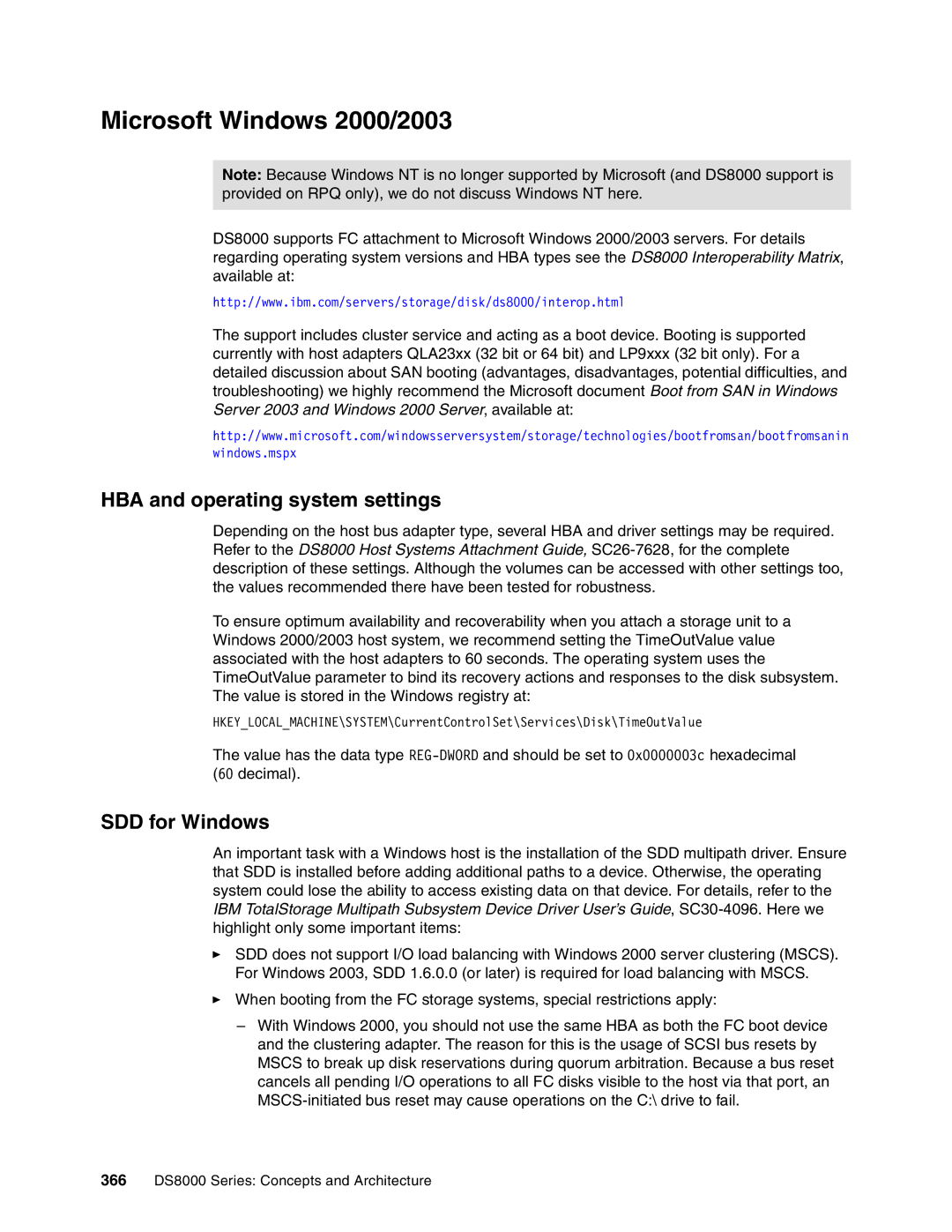 IBM DS8000 manual Microsoft Windows 2000/2003, HBA and operating system settings, SDD for Windows 