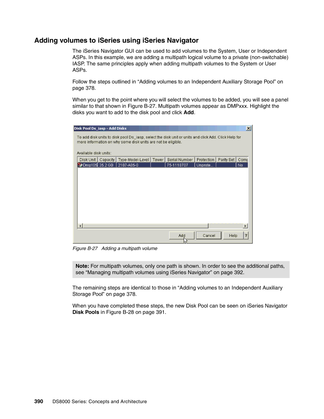 IBM DS8000 manual Adding volumes to iSeries using iSeries Navigator, Figure B-27 Adding a multipath volume 