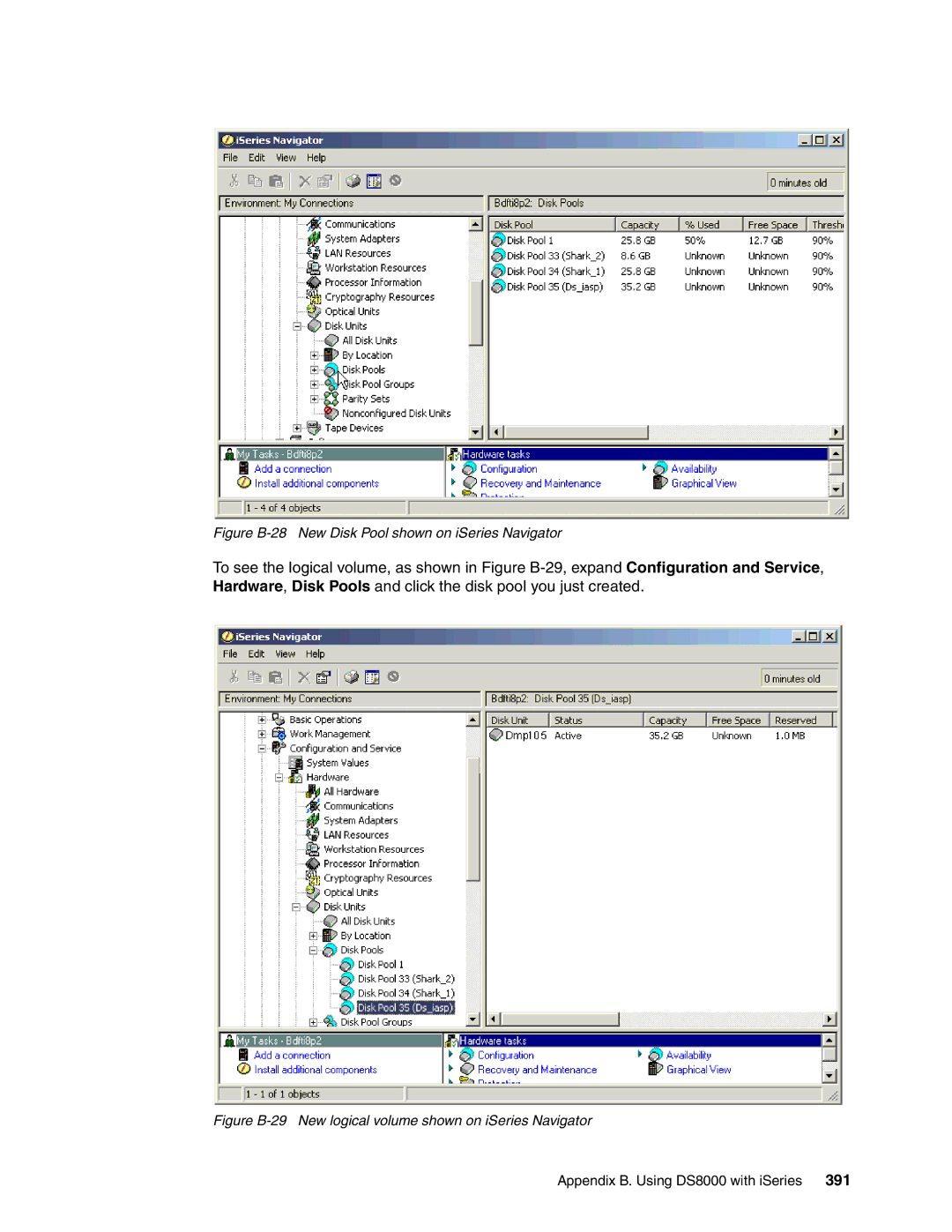 IBM DS8000 manual Figure B-28 New Disk Pool shown on iSeries Navigator 