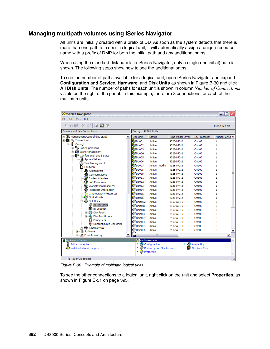 IBM DS8000 manual Managing multipath volumes using iSeries Navigator, Figure B-30 Example of multipath logical units 