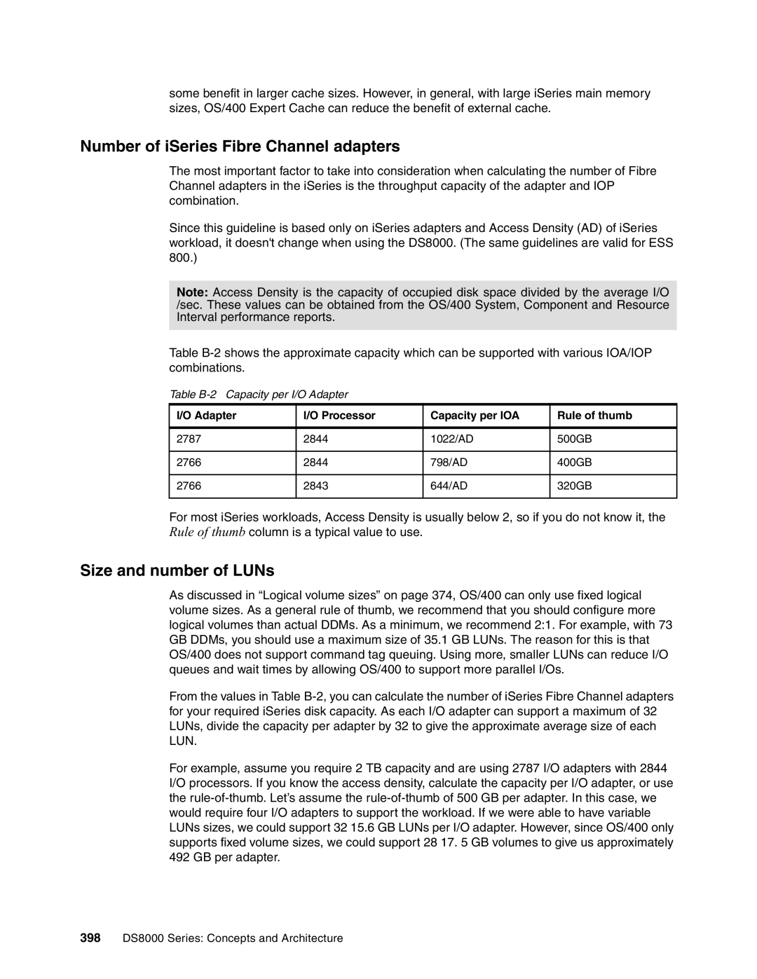 IBM DS8000 manual Number of iSeries Fibre Channel adapters, Size and number of LUNs, Table B-2 Capacity per I/O Adapter 