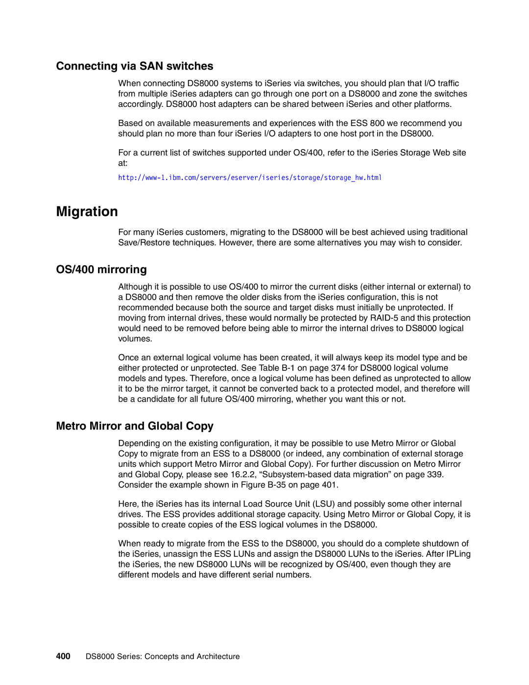 IBM DS8000 manual Migration, Connecting via SAN switches, OS/400 mirroring, Metro Mirror and Global Copy 