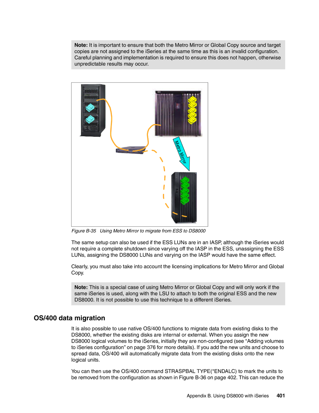 IBM manual OS/400 data migration, Figure B-35 Using Metro Mirror to migrate from ESS to DS8000 