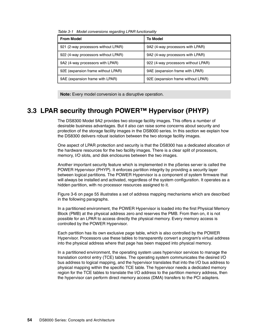 IBM DS8000 manual Lpar security through Power Hypervisor Phyp, Model conversions regarding Lpar functionality 