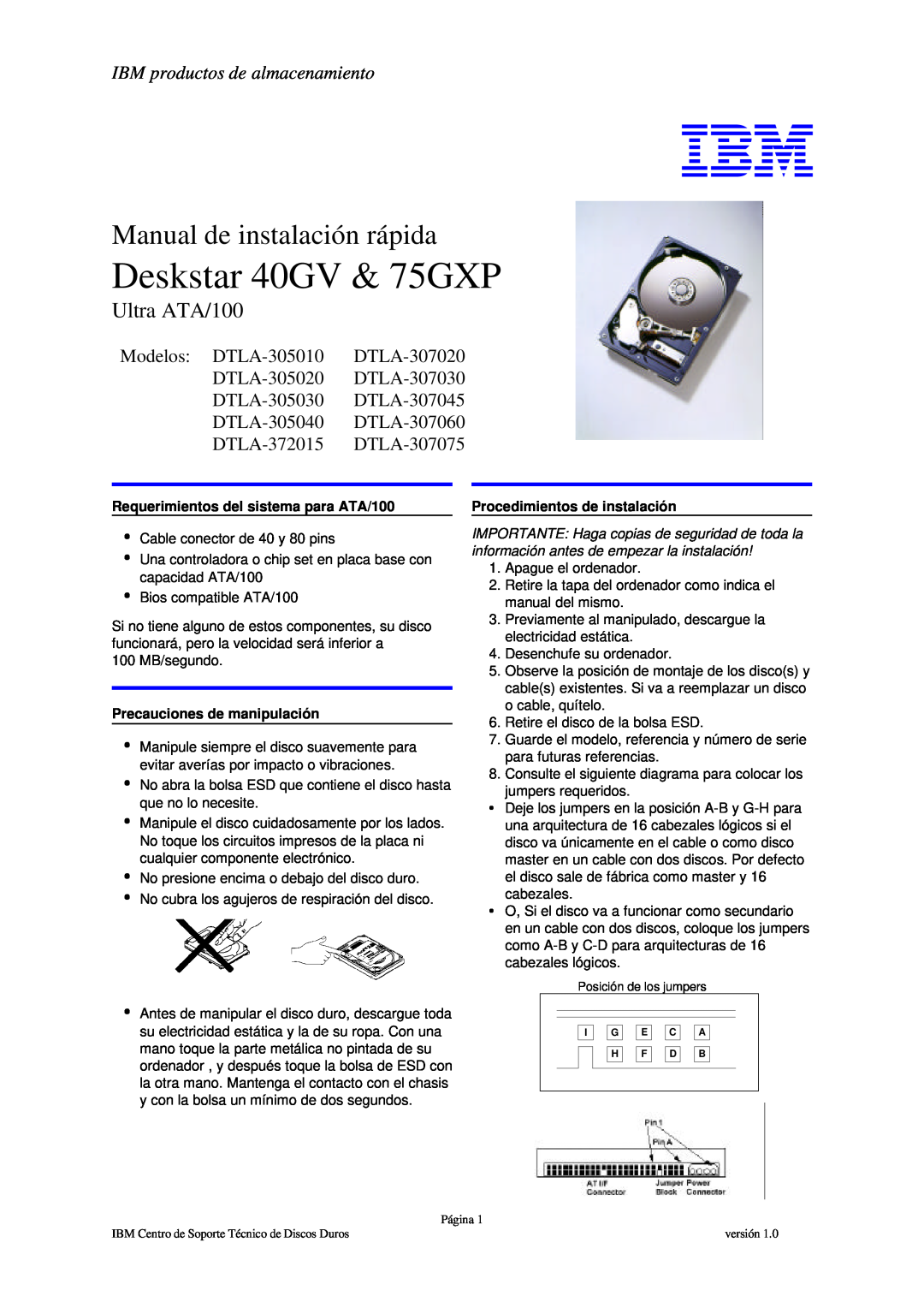 IBM DTLA-305020 manual IBM productos de almacenamiento, Deskstar 40GV & 75GXP, Manual de instalación rápida, Ultra ATA/100 