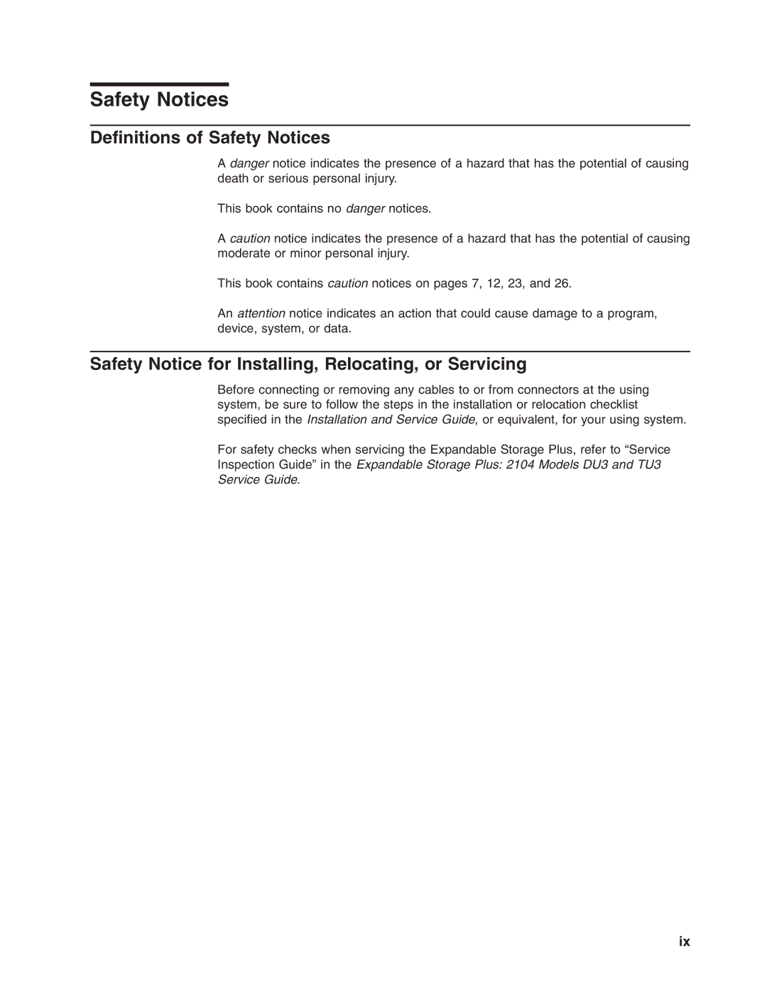 IBM DU3 manual Definitions of Safety Notices, Safety Notice for Installing, Relocating, or Servicing 