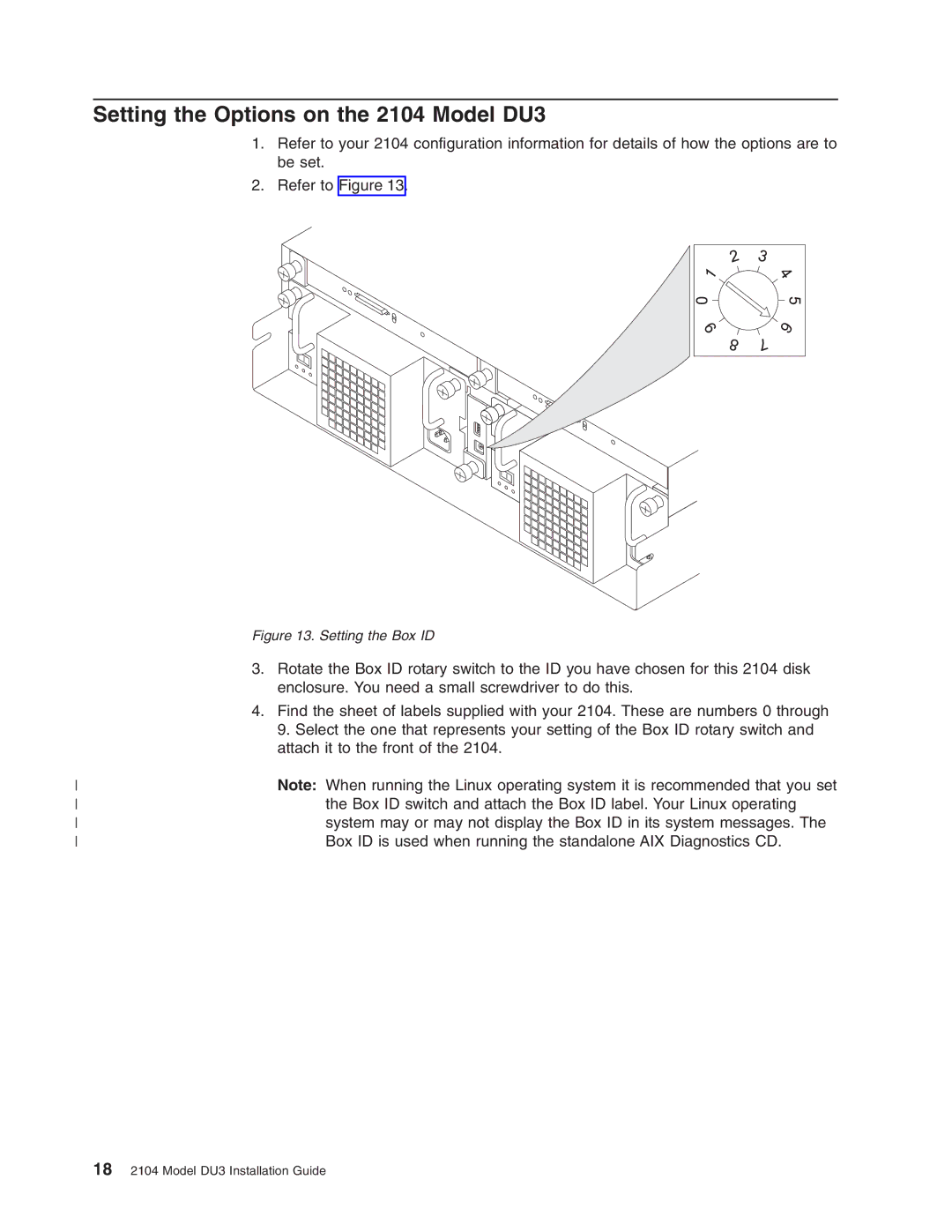 IBM manual Setting the Options on the 2104 Model DU3, Setting the Box ID 