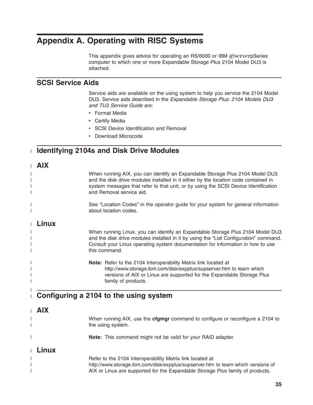 IBM DU3 manual Scsi Service Aids, Identifying 2104s and Disk Drive Modules, Linux, Configuring a 2104 to the using system 