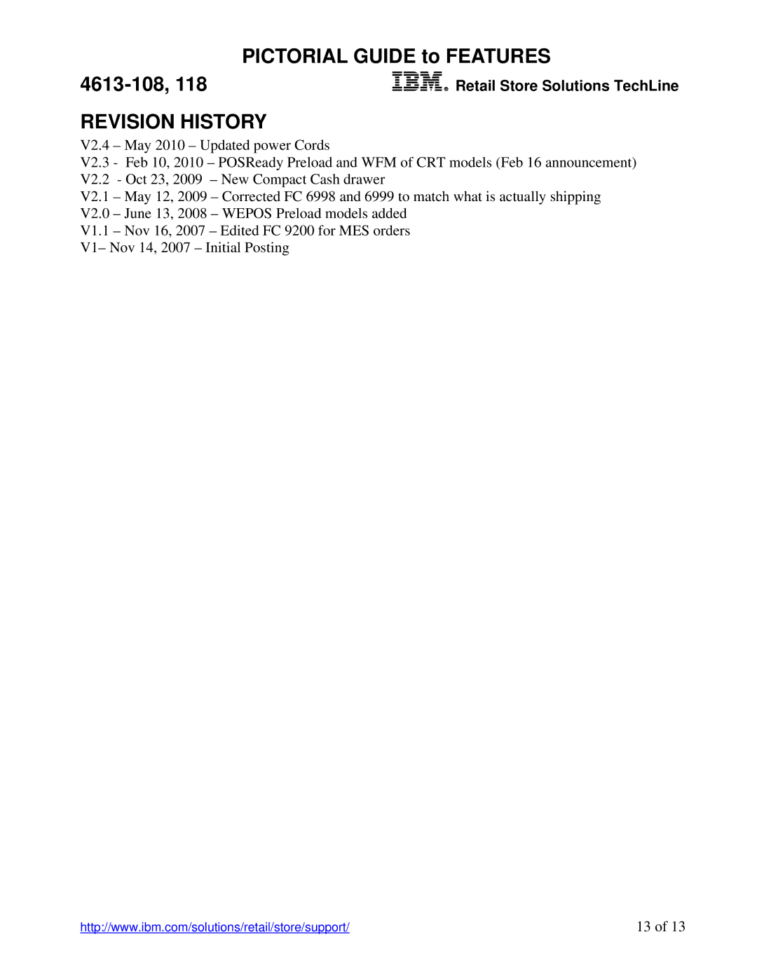 IBM E18, E08, 4613-108, 118 manual Revision History 